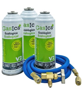 Pack 3 botellas gas refrigerante R22-R32-R407-R290-R410A Gasica V2 + manguera carga 1/4"-1/4" + válvula