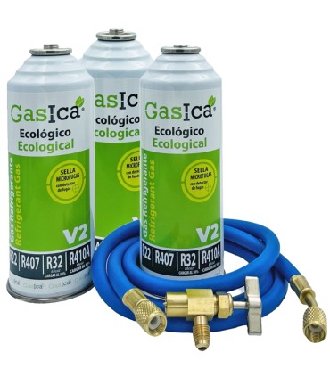 Pack 3 botellas gas refrigerante R22-R32-R407-R290-R410A Gasica V2 + manguera carga 1/4"-1/4" + válvula