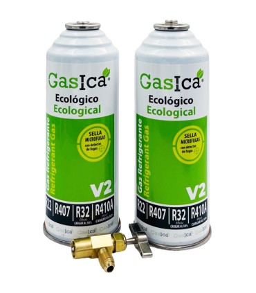 Gas refrigerante R22-R32-R407-R290-R410A Gasica V2 pack 2 botellas y válvula