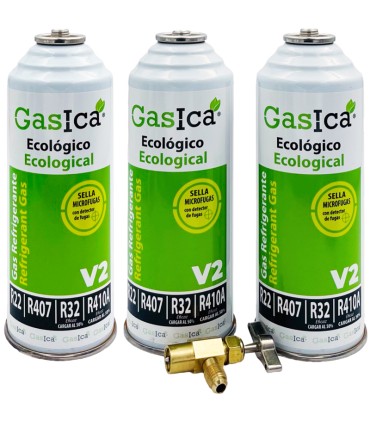 Gas refrigerante R22-R32-R407-R290-R410A Gasica V2 pack 3 botellas y válvula