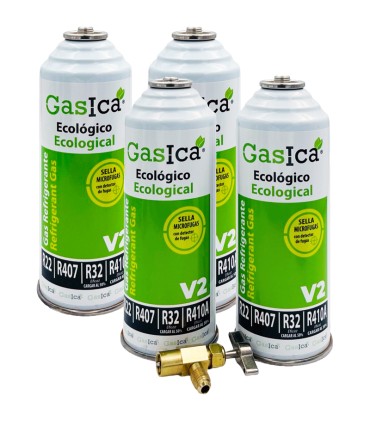 Gas refrigerante R22-R32-R407-R290-R410A Gasica V2 pack 4 botellas y válvula