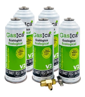 Gas refrigerante R22-R32-R407-R290-R410A Gasica V2 pack 5 botellas y válvula