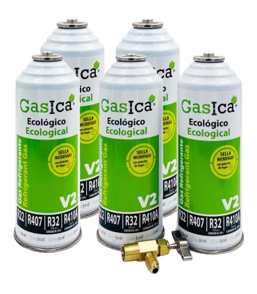 Gas refrigerante R22-R32-R407-R290-R410A Gasica V2 pack 5 botellas y válvula