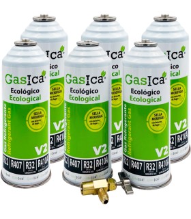 Gas refrigerante R22-R32-R407-R290-R410A Gasica V2 pack 6 botellas y válvula