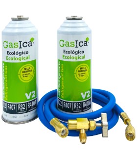 Pack 2 botellas gas refrigerante R22-R32-R407-R290-R410A Gasica V2 + manguera carga 1/4"-1/4" + válvula