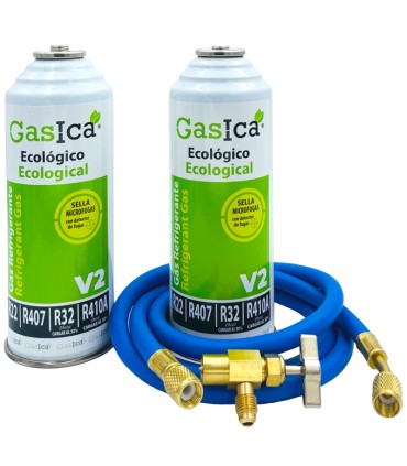 Pack 2 botellas gas refrigerante R22-R32-R407-R290-R410A Gasica V2 + manguera carga 1/4"-1/4" + válvula
