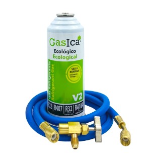 Pack botellas gas refrigerante R22-R32-R407-R290-R410A Gasica V2 + manguera carga 1/4"-1/4" + válvula