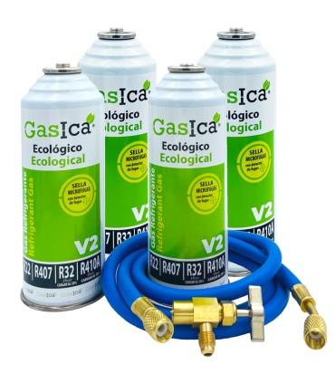 Pack 4 botellas gas refrigerante R22-R32-R407-R290-R410A Gasica V2 + manguera carga 1/4"-1/4" + válvula