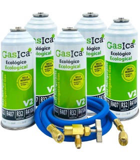 Pack 5 botellas gas refrigerante R22-R32-R407-R290-R410A Gasica V2 + manguera carga 1/4"-1/4" + válvula