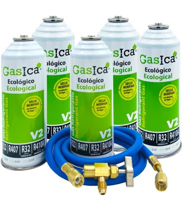 Pack 5 botellas gas refrigerante R22-R32-R407-R290-R410A Gasica V2 + manguera carga 1/4"-1/4" + válvula