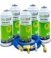 Pack 5 botellas gas refrigerante R22-R32-R407-R290-R410A Gasica V2 + manguera carga 1/4"-1/4" + válvula