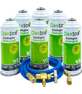 Pack 6 botellas gas refrigerante R22-R32-R407-R290-R410A Gasica V2 + manguera carga 1/4"-1/4" + válvula