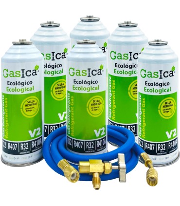 Pack 6 botellas gas refrigerante R22-R32-R407-R290-R410A Gasica V2 + manguera carga 1/4"-1/4" + válvula