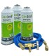 Pack 3 botellas gas refrigerante R22-R32-R407-R290-R410A Gasica V2 + manguera carga 5/16"-1/4" + válvula