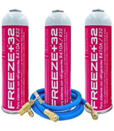 Pack 3 botellas gas refrigerante R-410A R-32 FREEZE+32 + manguera carga 5/16"-1/4" + válvula