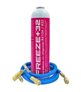Botellas gas refrigerante R-410A R-32 FREEZE+32 + manguera carga 1/4"-1/4" + válvula