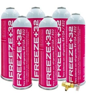 Pack 6 botellas gas refrigerante R-410A R-32 FREEZE+32 + válvula