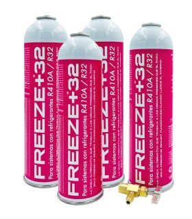 Pack 4 botellas gas refrigerante R-410A R-32 FREEZE+32 + válvula