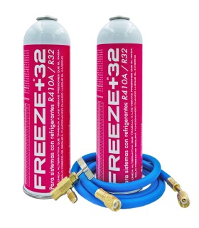 Pack 2 botellas gas refrigerante R-410A R-32 FREEZE+32 + manguera carga 5/16"-1/4" + válvula