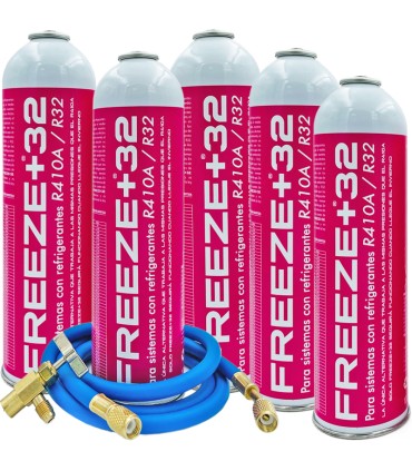 Pack 5 botellas gas refrigerante R-410A R-32 FREEZE+32 + manguera carga 1/4"-1/4" + válvula