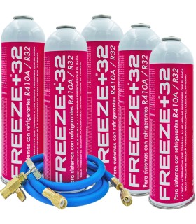 Pack 5 botellas gas refrigerante R-410A R-32 FREEZE+32 + manguera carga 5/16"-1/4" + válvula