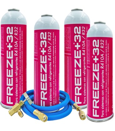 Pack 4 botellas gas refrigerante R-410A R-32 FREEZE+32 + manguera carga 1/4"-1/4" + válvula