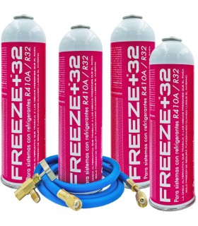 Pack 4 botellas gas refrigerante R-410A R-32 FREEZE+32 + manguera carga 5/16"-1/4" + válvula