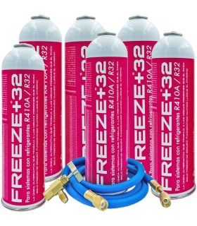 Pack 6 botellas gas refrigerante R-410A R-32 FREEZE+32 + manguera carga 1/4"-1/4" + válvula