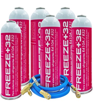 Pack 6 botellas gas refrigerante R-410A R-32 FREEZE+32 + manguera carga 1/4"-1/4" + válvula
