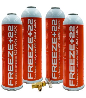 Pack 4 botellas gas refrigerante R22-R404-R407C FREEZE+22 + válvula