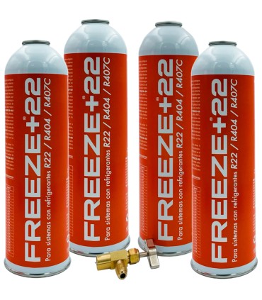 Pack 4 botellas gas refrigerante R22-R404-R407C FREEZE+22 + válvula