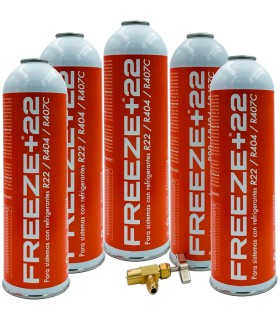 Pack 5 botellas gas refrigerante R22-R404-R407C FREEZE+22 + válvula