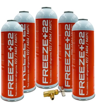 Pack 5 botellas gas refrigerante R22-R404-R407C FREEZE+22 + válvula