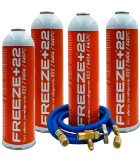 Pack 4 botellas gas refrigerante R22-R404-R407C FREEZE+22 + manguera carga 1/4"-1/4" + válvula