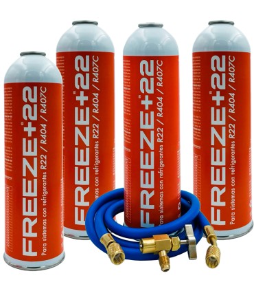 Pack 4 botellas gas refrigerante R22-R404-R407C FREEZE+22 + manguera carga 1/4"-1/4" + válvula