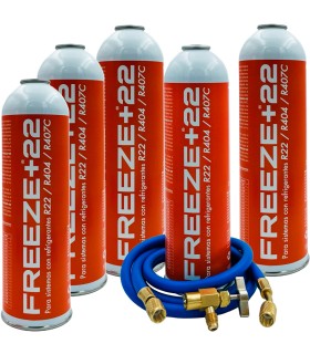 Pack 5 botellas gas refrigerante R22-R404-R407C FREEZE+22 + manguera carga 1/4"-1/4" + válvula