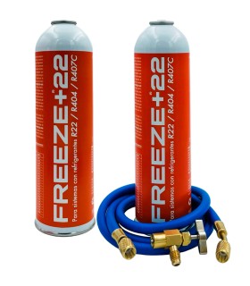 Pack 2 botellas gas refrigerante R22-R404-R407C FREEZE+22 + manguera carga 5/16"-1/4" + válvula