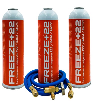 Pack 3 botellas gas refrigerante R22-R404-R407C FREEZE+22 + manguera carga 5/16"-1/4" + válvula