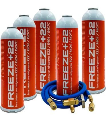 Pack 5 botellas gas refrigerante R22-R404-R407C FREEZE+22 + manguera carga 5/16"-1/4" + válvula