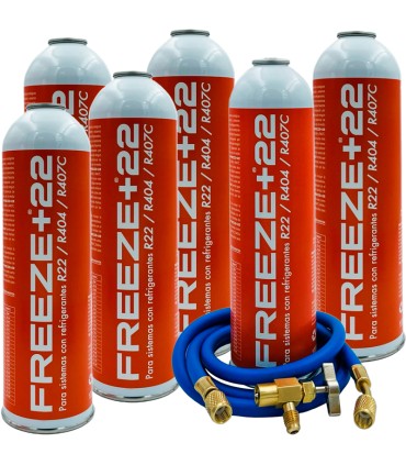 Pack 6 botellas gas refrigerante R22-R404-R407C FREEZE+22 + manguera carga 5/16"-1/4" + válvula