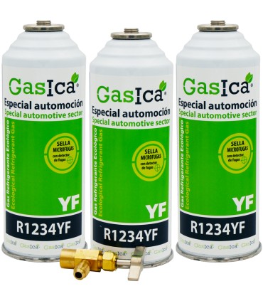 Gas refrigerante R1234yf GASICA YF pack 3 botellas + Válvula
