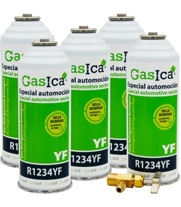 Gas refrigerante R1234yf GASICA YF pack 5 botellas + Válvula