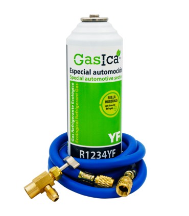 Gas refrigerante R1234yf GASICA YF + manguera carga 1/4"-1/4" + válvula