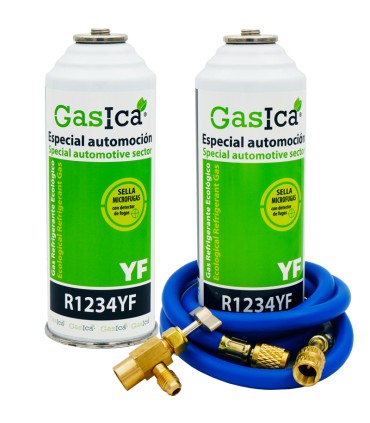 Pack gas refrigerante ecológico R1234yf GASICA YF + manguera carga 1/4"-1/4" + válvula