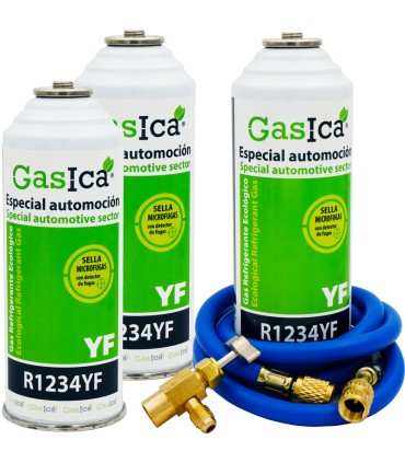 Gas refrigerante R1234yf GASICA YF pack 3 botellas + manguera carga 1/4"-1/4" + válvula