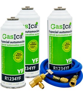 Gas refrigerante R1234yf GASICA YF pack 3 botellas + manguera carga 5/16"-1/4" + válvula