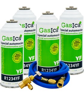 Gas refrigerante R1234yf GASICA YF pack 4 botellas + manguera carga 1/4"-1/4" + válvula