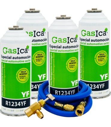 Gas refrigerante R1234yf GASICA YF pack 4 botellas + manguera carga 1/4"-1/4" + válvula