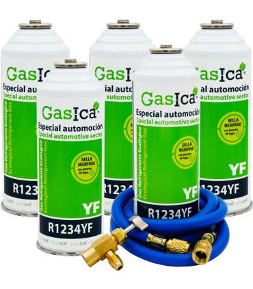 Gas refrigerante R1234yf GASICA YF pack 5 botellas + manguera carga 1/4"-1/4" + válvula