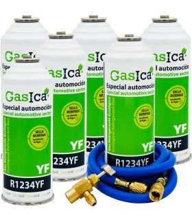 Gas refrigerante R1234yf GASICA YF pack 6 botellass + manguera carga 1/4"-1/4" + válvula
